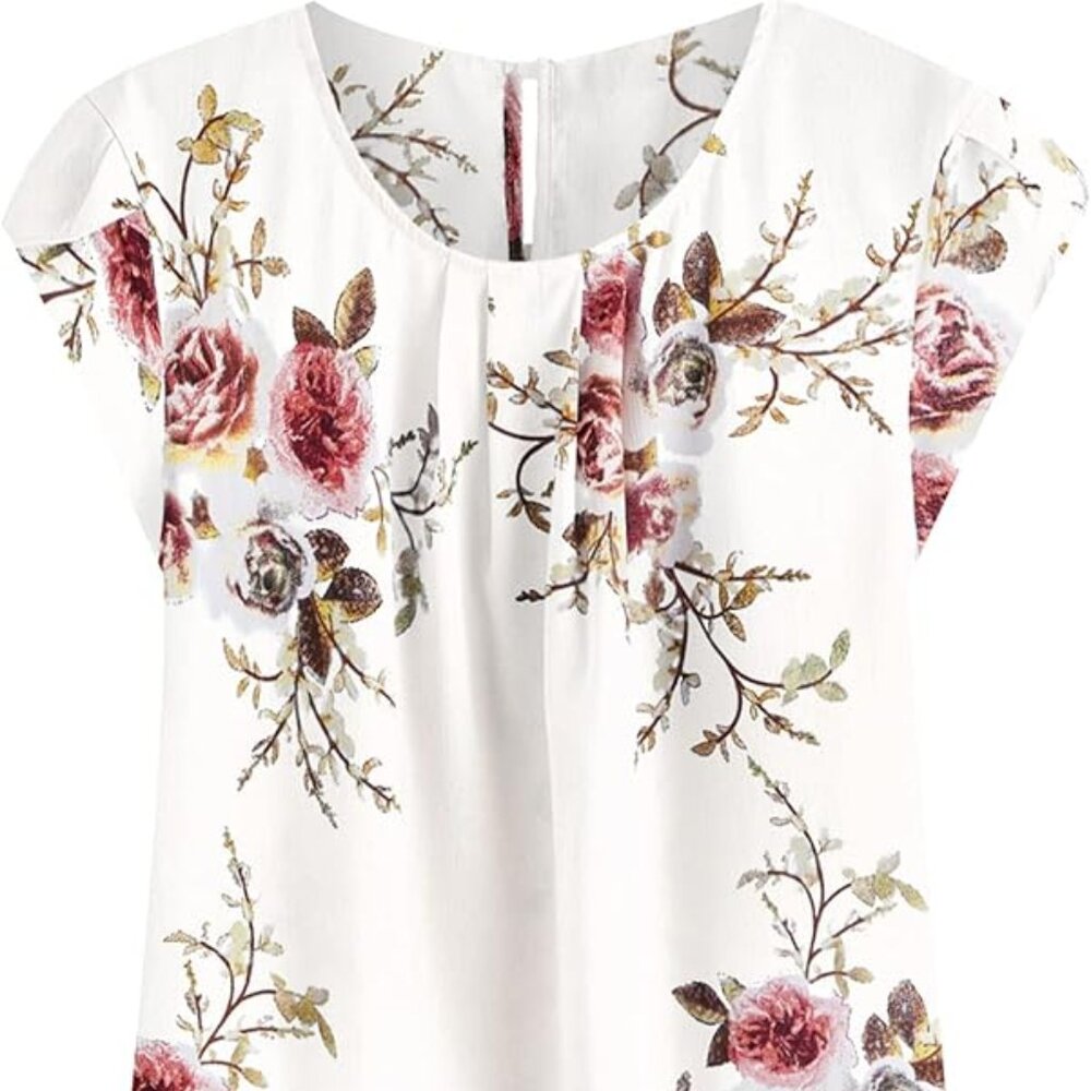 Milumia Floral Petal Cap Sleeve Blouse, Pleated V-Neck, White/Pink Floral, XXL